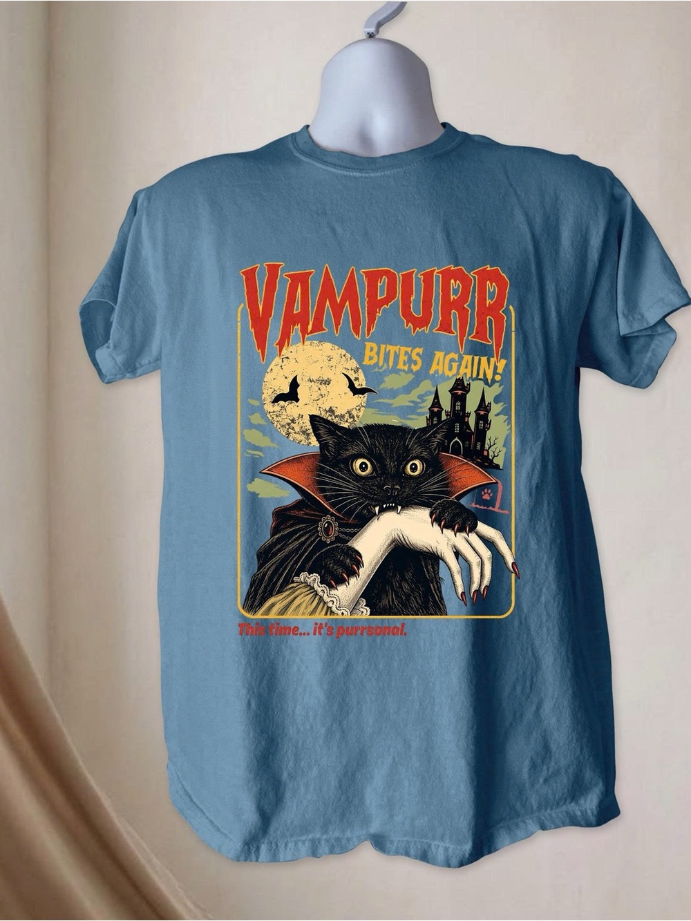 Vampurr Cat Tee, Spooky Halloween Vampire Cat Graphic Shirt